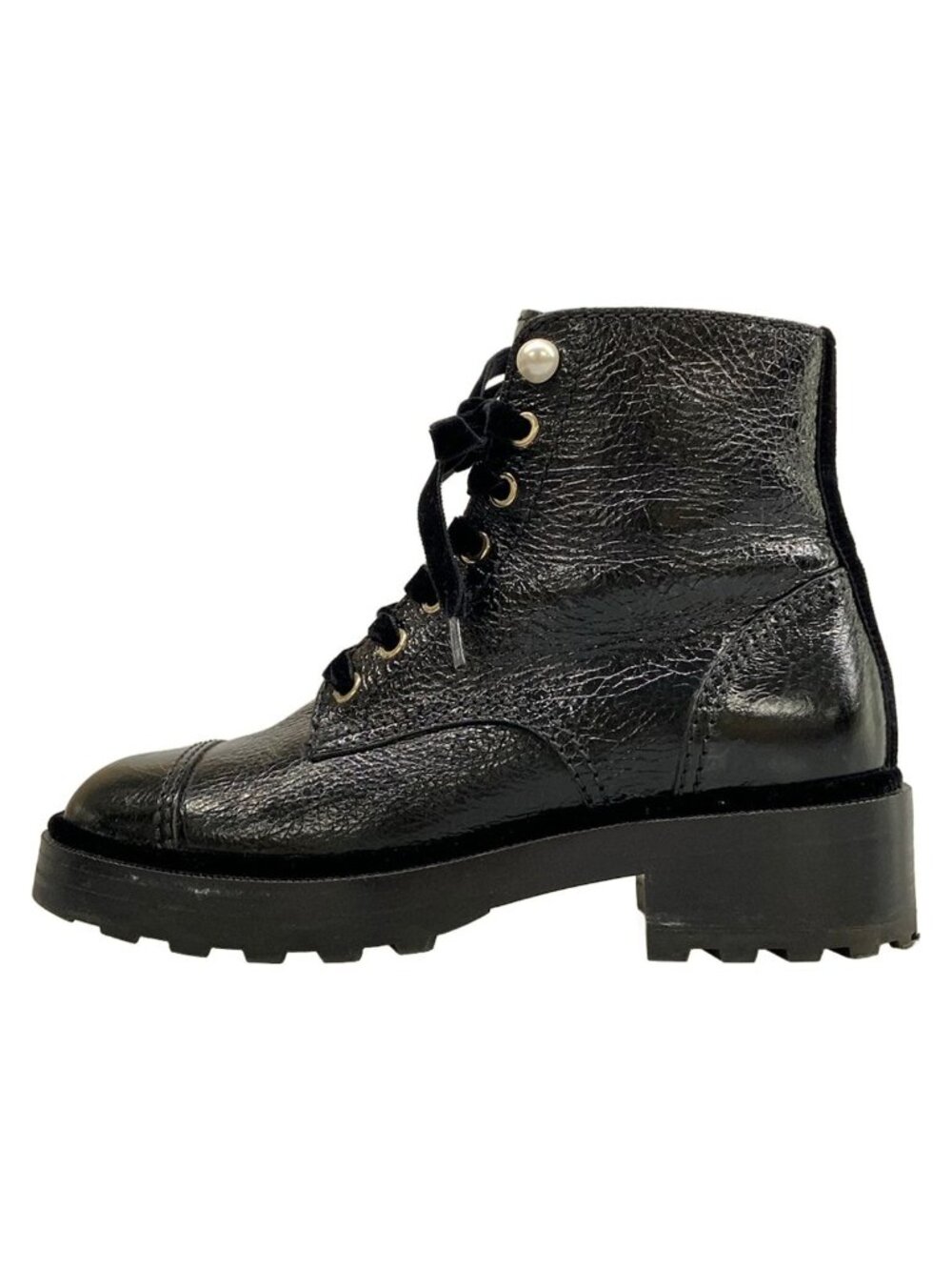Chanel Short Boots Black Faux Pearl Lace-up Leather